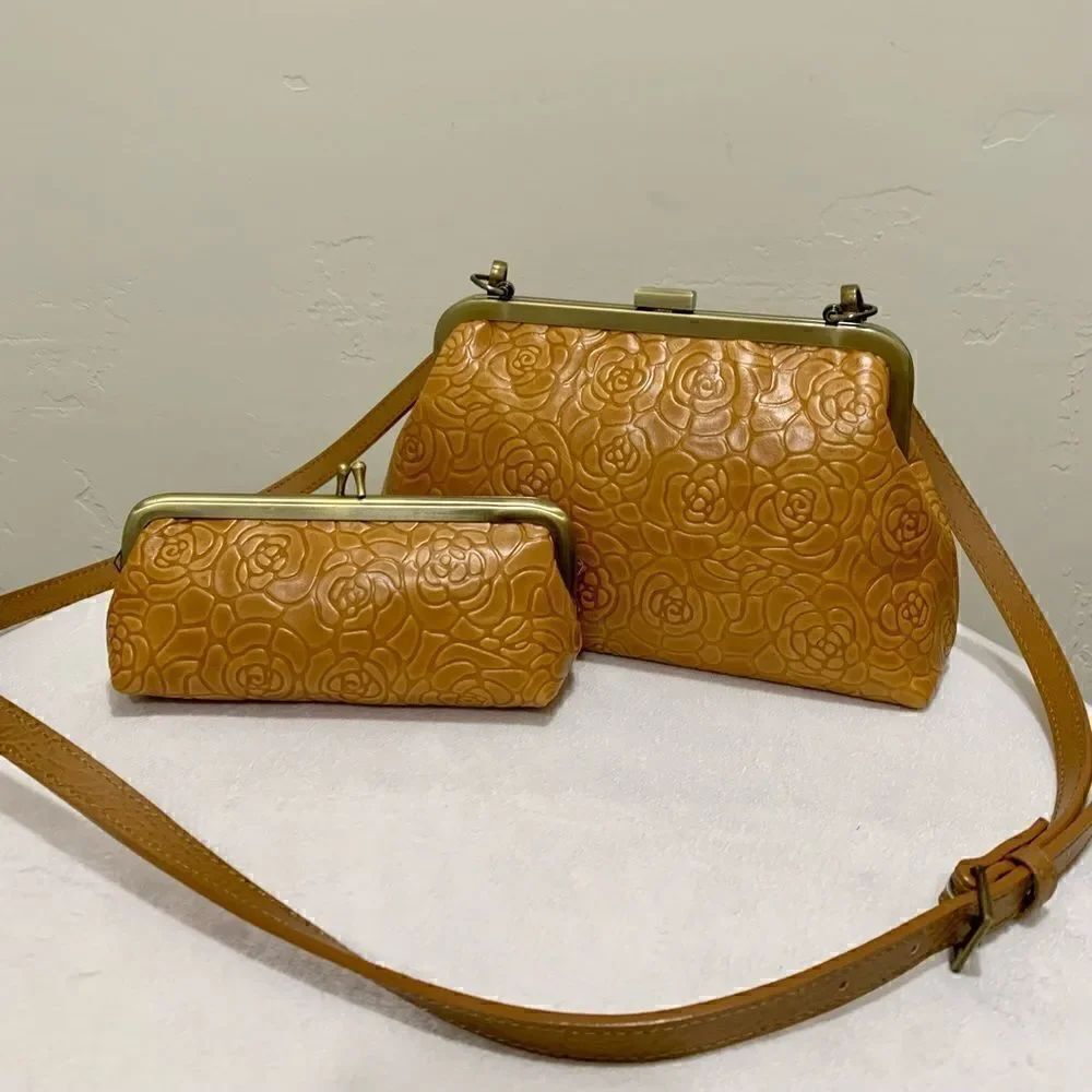 Embossed Rose Handmade Cowhide Leather Push-lock Handbag Includes Small Clutch